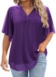 IN'VOLAND Women's Plus Size Blouses Short Sleeve Floral Double Layers Mesh V Neck Tunic Tops Dressy Flowy Stretchy Shirts, Purple, 20 Plus