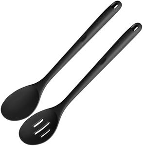 U-Taste 34cm Long Cooking Spoons: 315℃ Heat Resistant Solid & Slotted Silicone Mixing Tool, 7cm Wide Food Grade Kitchen Utensil for Stirring in Nonstick Pot and Pan Cookware (Black, Set of 2)