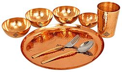 Indian Art Villa Pure Copper Hammered Design 8 Pieces Dinner Set/Thali Set of 1 Thali, 1 Glass, 1 Spoon, 1 Fork, 3 Big Bowls & 1 Small Bowl, Dinnerware, Tableware Or Crockery