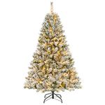 Goplus 3-Minute-Setup Pre-Lit Snow Flocked Christmas Tree, 6ft Artificial Hinged Xmas Tree with 300 Warm-White LED Lights, 644 Branch Tips, Upgraded Metal Stand, for Office Home Holiday Decor