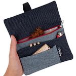 Tobacco Pouch Denim organizer with compartments for filter tips, rolling paper and lighter - Hand rolling tobacco bag holder for 30–50g bag (Red zipper)