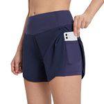 BALEAF Women's Running Workout Shorts Gym Athletic 2 in 1 Lightweight Quick-Dry Yoga Shorts Pockets Navy Blue S