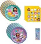 Gabby's Dollhouse Birthday Party Supplies Bundle includes 8 Dessert Cake Plates, 8 Lunch Plates, 16 Napkins, 1 Dinosaur Sticker Sheet