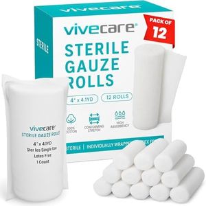 Vive Care XL Gauze Wrap Roll for Wounds (12 Count) Large Sterile Rolls - Individually Wrapped Medical Bandages HSA/FSA Approved - Extra Absorbent & Adhesive Gauze - 4"x4.1" Yards