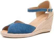 Alexis Leroy Women's Wedge Heel Open Toe Espadrille Sandals Adjustable Buckle Sandals, Blue, 10-10.5