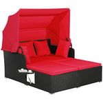 Tangkula Patio Rattan Daybed, Patiojoy Wicker Daybed Lounger w/Retractable Canopy, 2 Foldable Side Panels, Thick Seat & Back Cushions, Double Conversation Bed for Garden, Backyard, (Red)