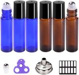 PrettyCare Roller Bottles For Oils 10 ml (Amber Glass and Blue Glass, 6 Pack, 1 Extra Stainless Steel Balls, 12 Labels, 1 Opener, 1 Funnels Essential Oil Roller Bottles, Roller on Bottles