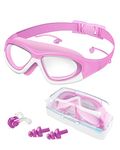 Victoper Kids Swimming Goggles for Children Girls Boys Big Frame Wide-Vision,Swimming Goggles Kids 6-14 No Leaking Anti-Fog Lens and UV Protection with FREE Case,Nose Clip Ear Plugs,Pink