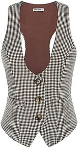GRACE KARIN Womens Steampunk Plaid Waistcoat Vest Button down Work Vest(S, Plaid Coffee)