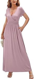 OUGES Womens Short Sleeve V-Neck Wrap Waist Maxi Dress(Pink394,L)