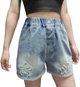 Curipeer Girls Embroidered Star Printed Denim Shorts High Waistband Jeans with Pockets Blue 5-6T