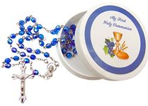 Westmon Works First Communion Rosary Set Blue Glass Beads in a Protective Case with Matching Holy Prayer Card, Metal, No Gemstone