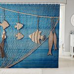 Loussiesd Ocean Shower Curtain Blue Wooden Fish Bath Curtain For Kids Teens Fishing Net Bathtubs Fabric Shower Curtain Set Waterproof Curtains Stalls Bathtubs 72x72 Inch