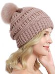 UHINOOS Slouchy Toque for Women, Thick Soft Warm Knit Winter Hat, Loose Slouchy Beanie Baggy with 2 Faux Fur Pom Pom Pink