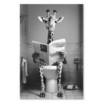 ZXHYWYM Funny Bathroom Wall Art Cute Giraffe Reading Newspaper on Toilet Poster Black White Animal Canvas Prints for Rustic Restroom Framed(Giraffe, (12.00" x 18.00"))