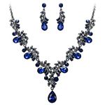 BriLove Wedding Bridal Crystal Teardrop Filigree Leaf Twig Statement Necklace Dangle Earrings Set for Women Royal Navy Blue Sapphire Color Black-Silver-Tone