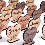 Personalised Wooden Wedding Place Settings, Heart Shaped Place Names On Stand, Rustic Wooden Personalized Place Cards, Table Decorations