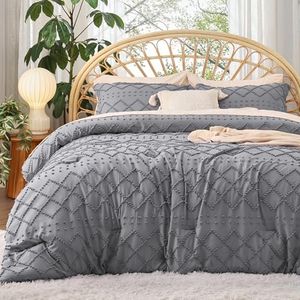 Bedsure Twin XL Comforter Set - Grey Comforter, Boho Tufted Distressed Vintage Bedding for Kids, 2 Pieces Farmhouse-Style Bed Set for All Seasons, Fluffy Soft Bedding with 1 Pillow Sham