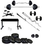 BEACON INTERNATIONAL Home Gym Combo with Flat Bench with Leg Support, 30 Kg Weight Plates, 3ft Curl Rod , 5 Ft Straight Rod for Home Gym Set