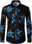 PARKLEES Men's Hipster Floral Printed Long Sleeve Cotton Casual Button Down Dress Shirts Black Royal L