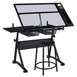 Yaheetech Tempered Glass Top Drafting Table with 2 Storage Drawers/Sliding Side Countertop/Stool, for Art, Design, Drawing, Writing, Painting, Work and Study