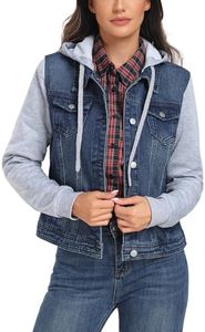MISS MOLY Women's Hooded Jean Jacket Drawstring Layered Washed Long Sleeve Sweatshirt Hoodie Denim Jacket w 2 Pockets