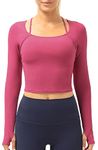 icyzone Women's Ribbed Long Sleeve Workout Tops with Built in Bra, Fitted Cropped Sports Yoga Shirts (Pink Lychee, S)