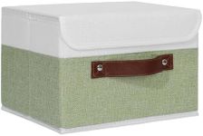 ANMINY Storage Boxes with Lids Washable Decorative Storage Bins Basket with PU Leather Handle Foldable Linen Fabric Storage Cubes Containers for Home Closet Organizer - Green White, Small Size