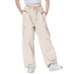 Rolanko Girls Parachute Pants, Cargo Pants for Girls Y2K Loose Jogger Trousers with Pockets Kids Clothes (Beige, 8-10)