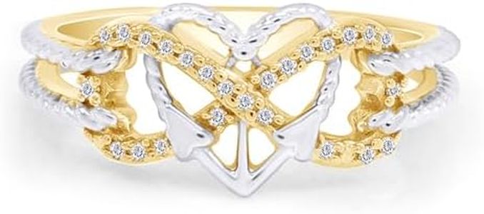 1/10 CT Natural Diamond Two Tone Heart Infinity Anchor Rope Promise Ring 14k Yellow Gold Over Sterling Silver (I-J Color, I2-I3 Clarity, 0.10 Cttw) Ring Size -11