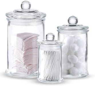 Premium Glass Apothecary Jars with Lids | Set of 3 | Small Glass Jars for Kitchen or Bathroom Storage / Qtip Holder / Cotton Swab Holder | Glass Jar with Lid for Laundry Room Storage, Bathroom Canisters, Mason Jar Bathroom Accessories Set | Bathroom Jars for Bath Salts