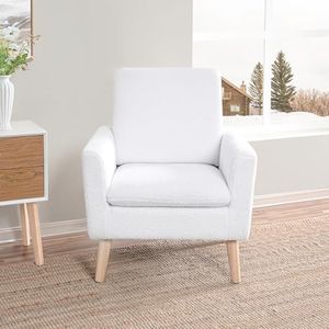 Naomi Home Frida Mid-Century Modern Chair, Durable Wood Frame Accent Chairs for Living Room, Reading Chair with armrest, Soft Teddy Fleece Accent Chair for Bedroom, Oak Legs Armchair - White