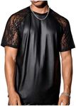 OYOANGLE Men's PU Leather Raglan Short Sleeve T-Shirts Lace Patchwork Crew Neck Tee Tops Party Clubwear Black Small