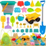 Beach Toy Sandbox Toys with Truck Collapsible Sand Bucket, Big Stainless Steel Shovel Toy, Sand Castle Kit, Animal Molds, Shell Mesh Bag, Travel Summer Outdoor Toys for Kids Toddlers Boys Girls Age 3+