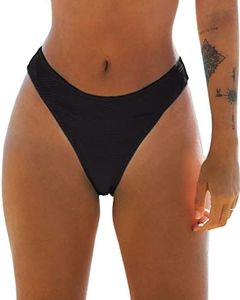 CUPSHE Bas de Bikini pour Femme Coupe Haute Taille Moyenne Cheeky Maillot de Bain, M Noir