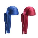 2 PCS Long Tail Durag, Silk Durag 360 Waves Headwraps Wide Straps Pirate Hair Loss Chemo Cap Bandana Turban Hat for Women and Men Hip-hop and Daily Decoration (Black, Wine red) (Royal Blue,Wine Red)