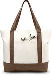 TOPDesign Stylish Canvas Tote Bag with an External Pocket, Top Zipper Closure, Daily Essentials (Brown/Natural)