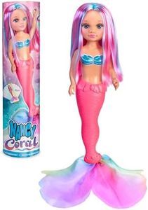 NANCY - Coral Muñeca 100% Sirena, Cola de Sirena Acabada en Tela de Múltiples Colores a Juego con su Melena Larga Multicolor, Muñeca Sumergible en el Agua, Desde 3 Años, Famosa (NAC69000)
