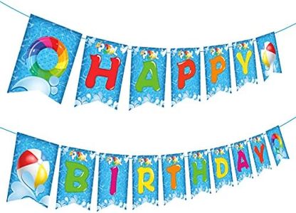 Joy Bang Pool Birthday Party Banner, Summer Pool Party Decorations Happy Birthday Banner for Swimming Hawaiian Beach Tropical Theme Decor Party Favors Supplies