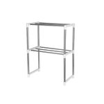 YORKING 2 Tier Microwave Oven Storage Rack Stainless Steel Microwave Shelf Expandable Countertop Stand Shelf with 4 Hooks Kitchen Stand Organiser Countertop Space Saver