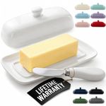 Zulay Porcelain Butter Dish with Lid – White Ceramic Butter Container with Knob Handle – Classic Countertop Butter Holder for 1 Standard Stick – Covered Butter Tray for Western or Eastern Butter