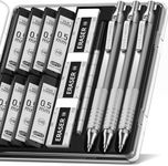 Four Candies 0.5mm Mechanical Pencil Set with Case, 3PCS Metal Artist Lead Pencil with 8 Tubes (480PCS) HB Lead Refills, 3 Erasers, 9 Eraser Refills For Engineer Art Writing Drawing Drafting, Silver