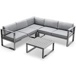 COSTWAY 5 Seater L Shape Aluminium Garden Corner Sofa Set, Sectional Patio Furniture Set with Cushioned Sofas and Coffee Table, All Weather Outdoor Conversation Set for Balcony Backyard Poolside, Grey