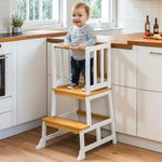 Cosyland Toddler Kitchen Standing Tower – Height Kids learning helper Tower with Safety Railing, Compact Anti-Drop Step Stool Design for 1.5-3 Year Olds (White Natural)
