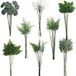 OrgMemory Artificial Leaves, Plastic Leaves, Fake Leaves, 48 Pcs with Stems, 8 Kinds Fake Plant Stems for Kitchen Garden, Balcony, Bedroom, Banquet, Wedding (Green Leaves)