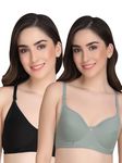 Liigne Women Everyday Padded Bra - Made of Pure Cotton Full Coverage Non Wired Seamless Pushup Soft Cup for T-Shirt Saree Dress Sports Garment for Daily Use Everyday Green-Black