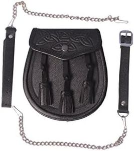 KSUC Supplies Embossed Celtic 3 Tassel Black Leather Kilt Sporran w/Belt