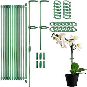 12 Set Plant Support Stakes, 12 Inches Garden Stakes Adjustable With Buckles and Rings for Vegetables, Flowers, Fruit - Green Floral Flower Sticks