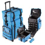 Kemier Rolling Makeup Train Case - Professional 2 in 1 Soft Sided Nylon Travel Makeup Case Artist Cosmetic Organizer Storage with Wheels Drawers, Blue, Large, Makeup Studio
