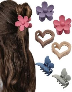 HAIMEIKANG 6 PCS Hair Claw Clips - Matte Flower, Heart, Butterfly Hair Claw Clips for Women Girls - Non-Slip and Strong Hold for Thin/Medium/Thick Hair